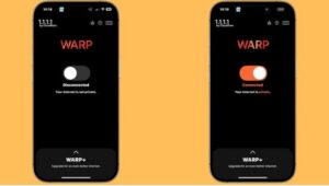  Giao diện ứng dụng 1.1.1.1 trên điện thoại với nút bật/tắt kết nối nhanh chóng.